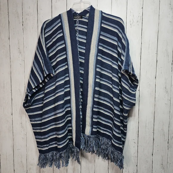 Ralph Lauren LRL Black Label Blue Striped Cotton Fringed Cardigan Size S/M. - Picture 7 of 15